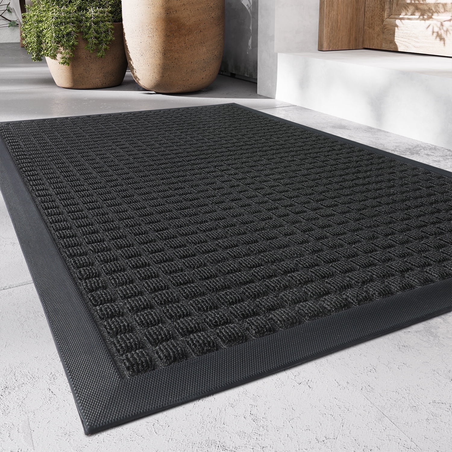 (3 pack) SIXHOME Outdoor Mat Non Slip Doormat 17"x30" Front Door Mat Outside Absorbent Rubber Welcome Mat Low Profile Dirt Trapper Indoor Outdoor Doormat Thicken Checker Entryway Rug Floor Mat Black