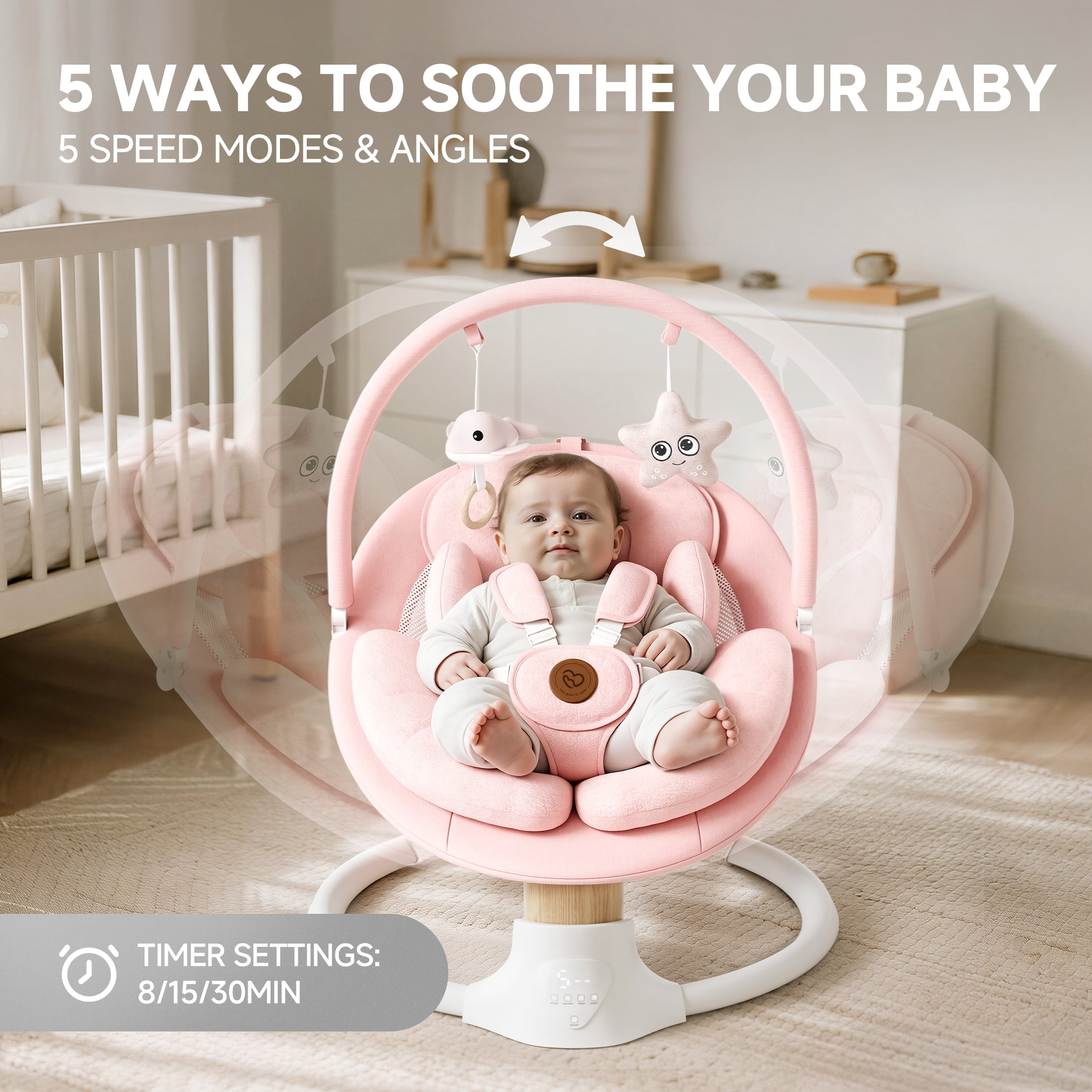 Babyomi portable baby swings for infants to toddler, Electric Swing with Music Speaker, 3 Seat Positions , 5 Speeds, and Remote Control - Infant Swing for Indoor and Outdoor, Pink