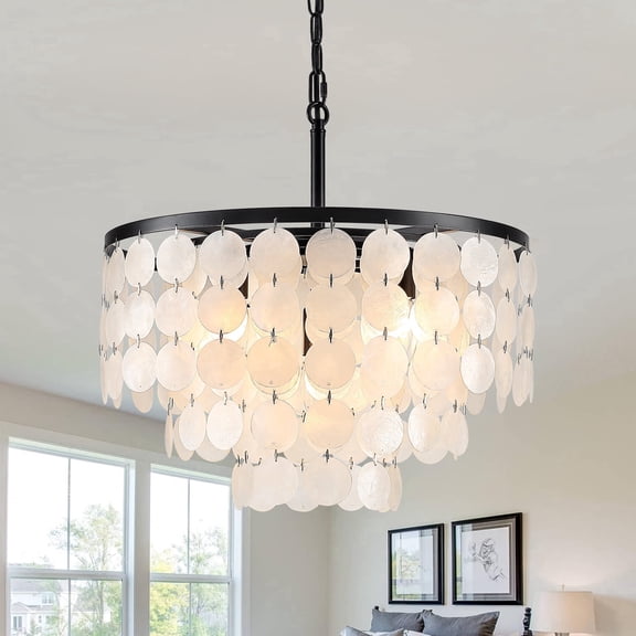 PUZHI HOME 5-Light Black Capiz Shell Tiered Chandelier for Bedroom, Living Room, Dining Room