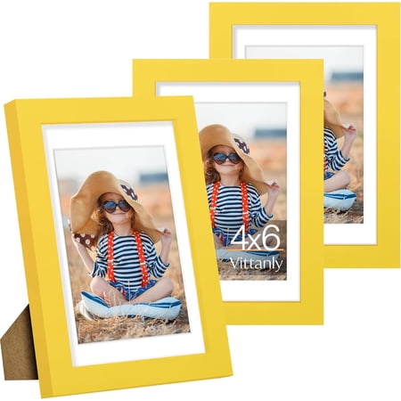 4x6 Picture Frame Set of 3, Display Pictures 3.5x5 with Mat or 4x6 without Mat for Wall Mounting or Tabletop, Picture Frames for Wall Decor, Engineered Wood, Yellow