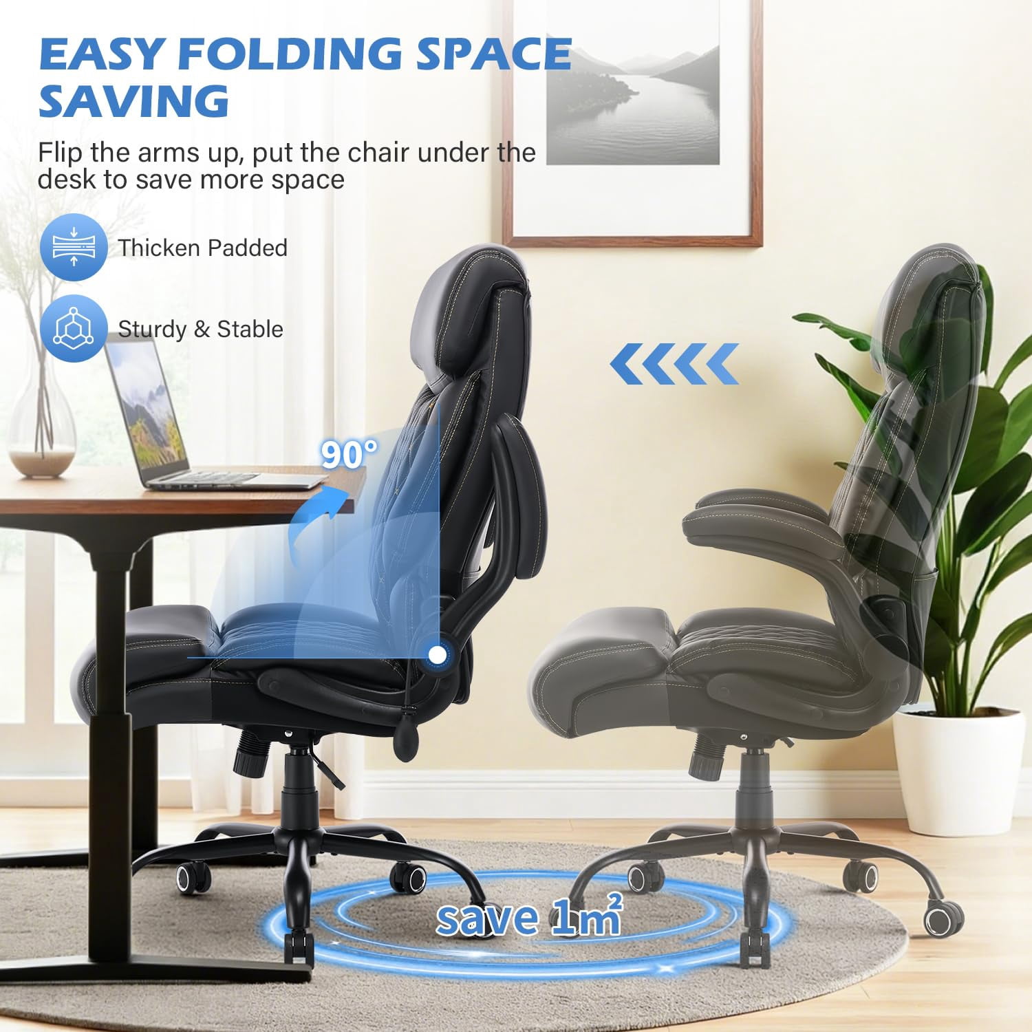 JONPONY Leather Office Chair,Big and Tall Office Chair 500LBS Wide Seat,Comfy Heavy Duty Executive Chair with Adjustable Lumbar Support for Back Pain,Black