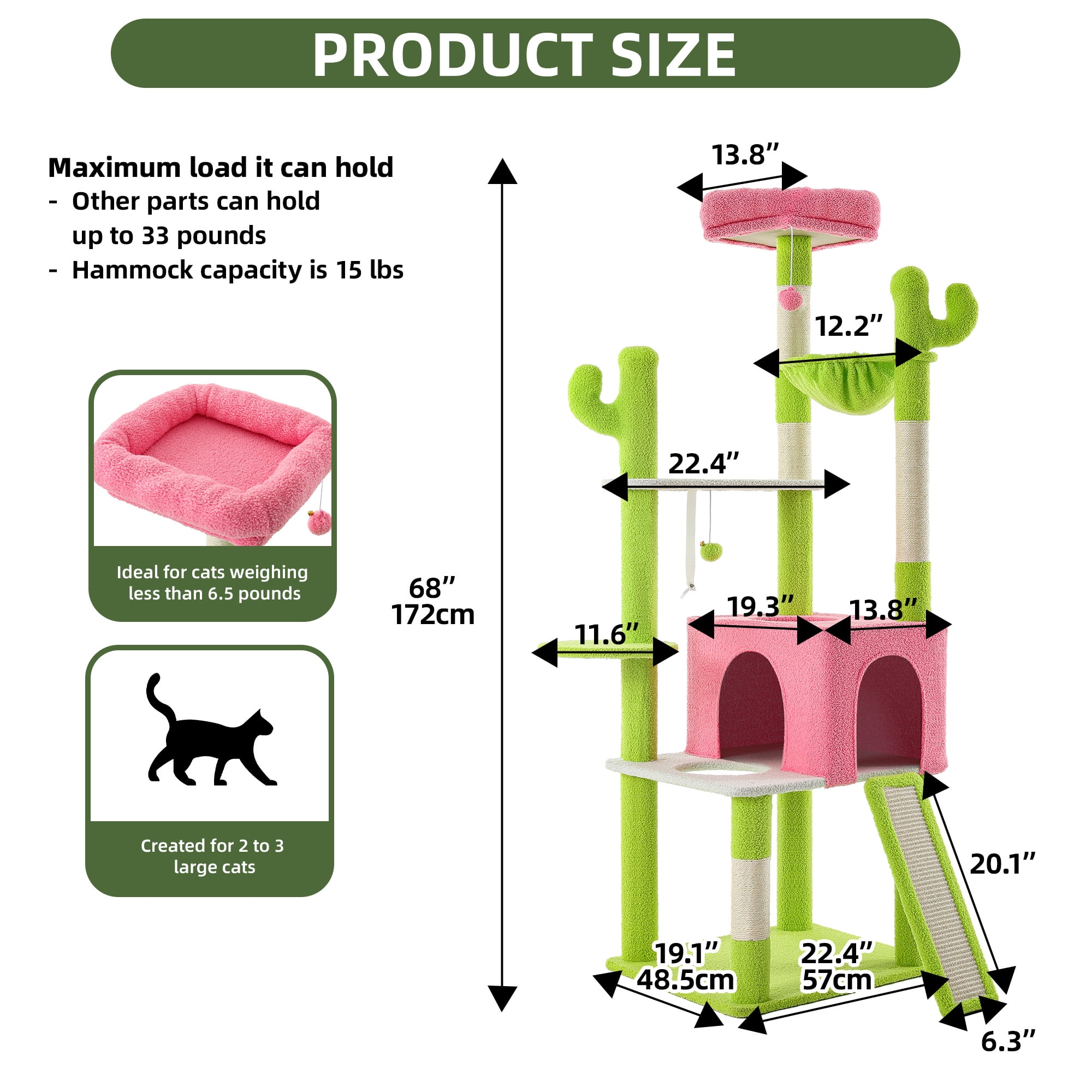 Uforic 68"  Tall Cactus Cat Tree, Multi-Level Large Indoor Cat Tower with Sisal Post, Hanging Balls, Green & Pink