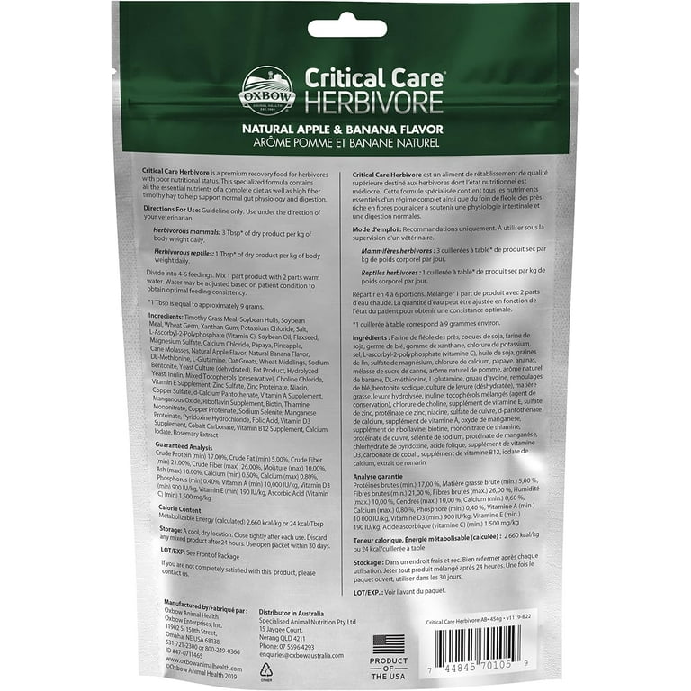 Oxbow Critical Care Probiotic Pet Food, Powdered Vitamins, Manzana