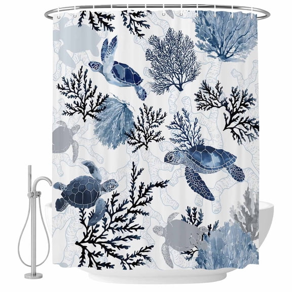 60x72 Inch Shower Curtains for Bathroom, Navy Blue Sea Turtle Coastal Bath Curtain Decor, Summer Beach Black Coral Nautical Waterproof Restroom Curtains Shower Set Accessories with 12 Hooks 60 Inch