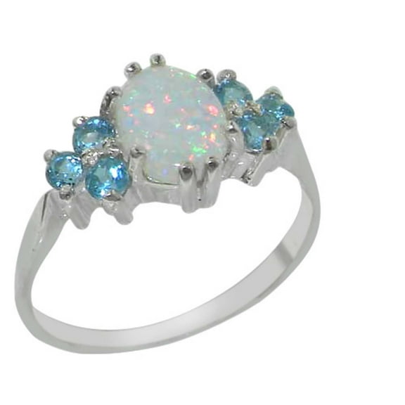 LBG 10k White Gold Real Genuine Opal and Blue Topaz Womens Band Ring - Size 10