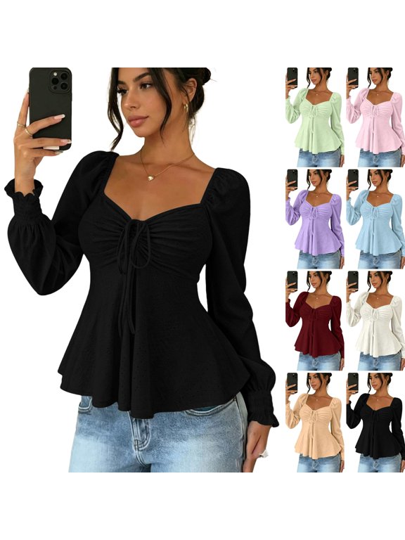 Going Out Tops Women Cute Square Neck Peplum Puff Long Sleeve Babydoll Tees Casual Fashion Shirt Y2k Workout Top Black M