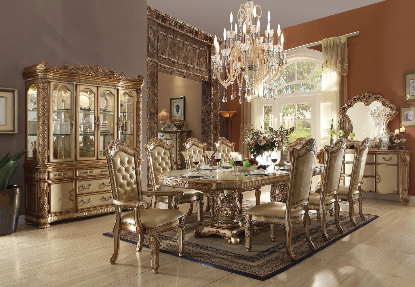 Alluring Dining Table with Double Pedestal, Gold - Walmart.com