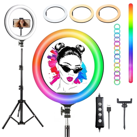 ZOMEI 12" RGB Ring Light, Dimmable LED with 63" Tripod & Phone Holder for Live Stream, TikTok, Zoom and Vlog