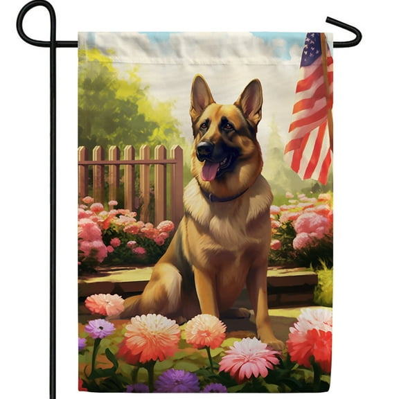 America Forever Spring Summer German Shepherd Dog Garden Flag 12.5 x18 inch Double Sided Patriotic German Shepherd Floral Spring Garden Flag for Outdoor Dog Flag Yard Decoration