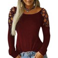 thumbnail image 1 of DYMADE Women Round Neck Hollow Soild Color Long Sleeve Casual Tunic Top, 1 of 2