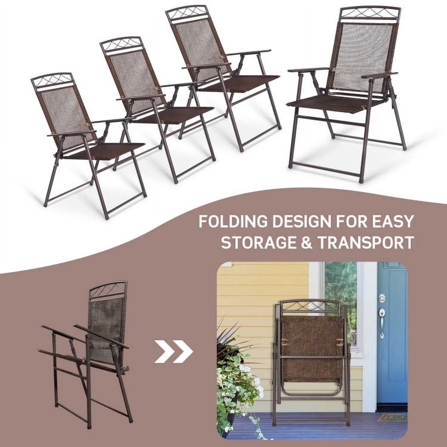 GVN Set of 4 Patio Folding Sling Chairs Steel Camping Deck, Outdoor Furniture Chairs for Backyard, Porch, Garden, Poolside
