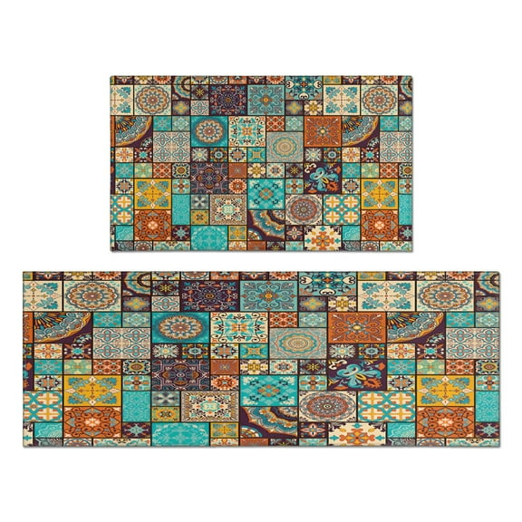 Bohemian Colored Geometric Patterns Rugs and Mats Non Skid Washable Absorbent Microfiber Soft Kitchen Mat for Floor Set Of 2 Decor Stain Resistant 17"x47" 17"x30"