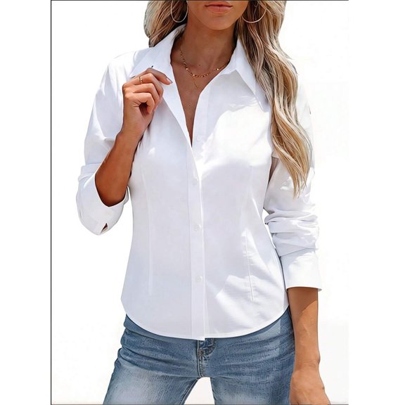 Women Long‑Sleeve Non‑Sheer Button‑Down Work Blouse, Breathable Business‑Casual Office Daily Tops
