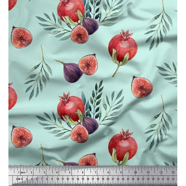 Soimoi Green Rayon Fabric Pomegranate & Fig Fruits Print Sewing Fabric Yard 42 Inch Wide