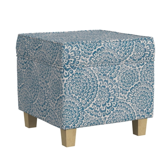 Benjara Pyp Square Storage Ottoman- 18" Blue Ivory Floral Fabric- Brown