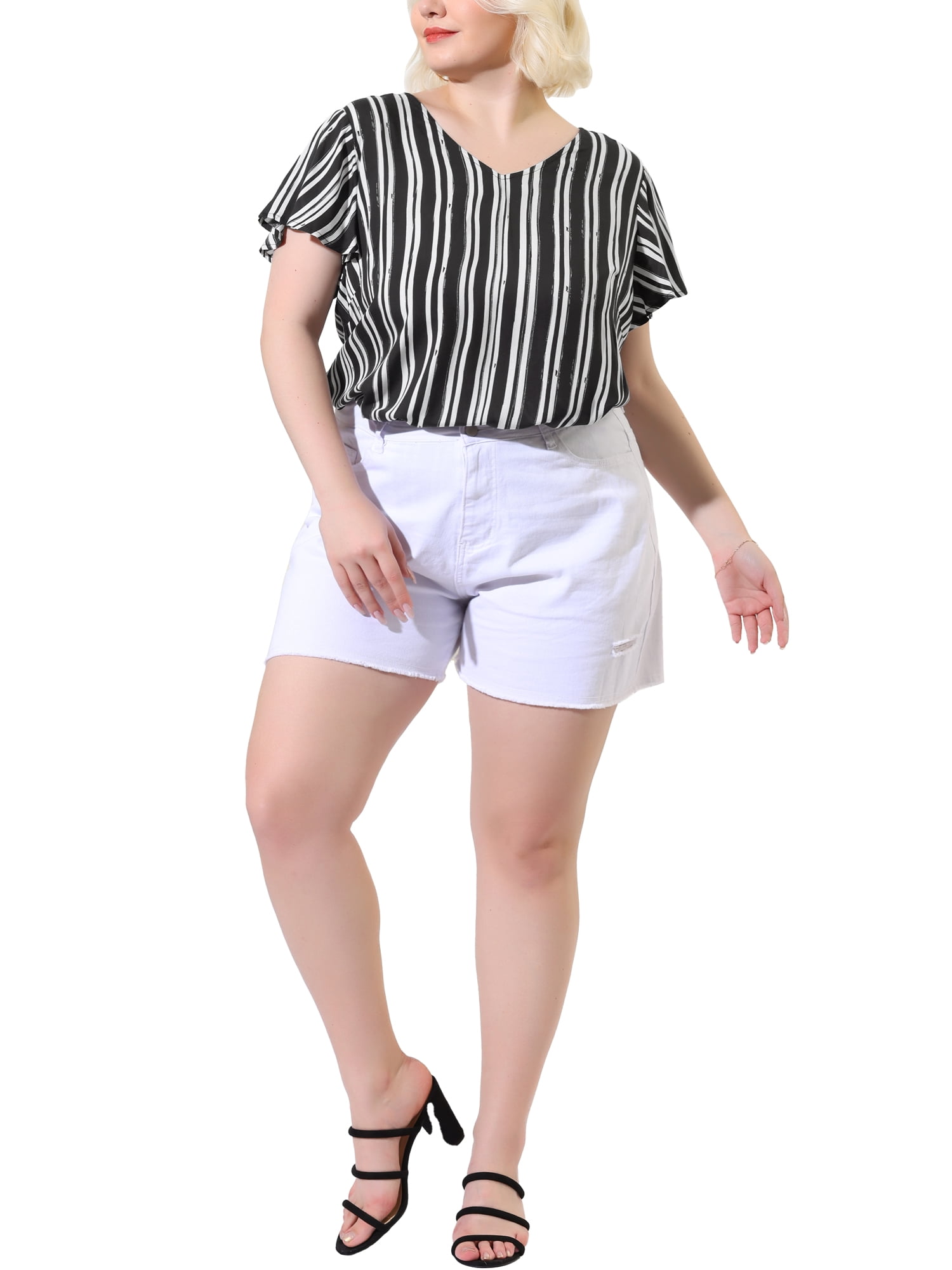 Unique Bargains Women's Plus Size Blouses Short Sleeve Loose Stripe Top