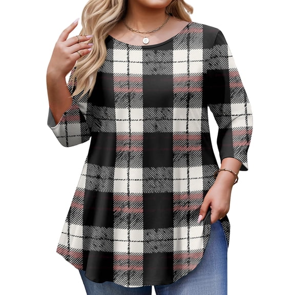 Kixjoy Plus Size Fall Tops Casual 3/4 Sleeve Baggy Shirts Striped Wear with Leggings Crew Neck Top Fashion Work Summer Shirts for Women, Black 3XL