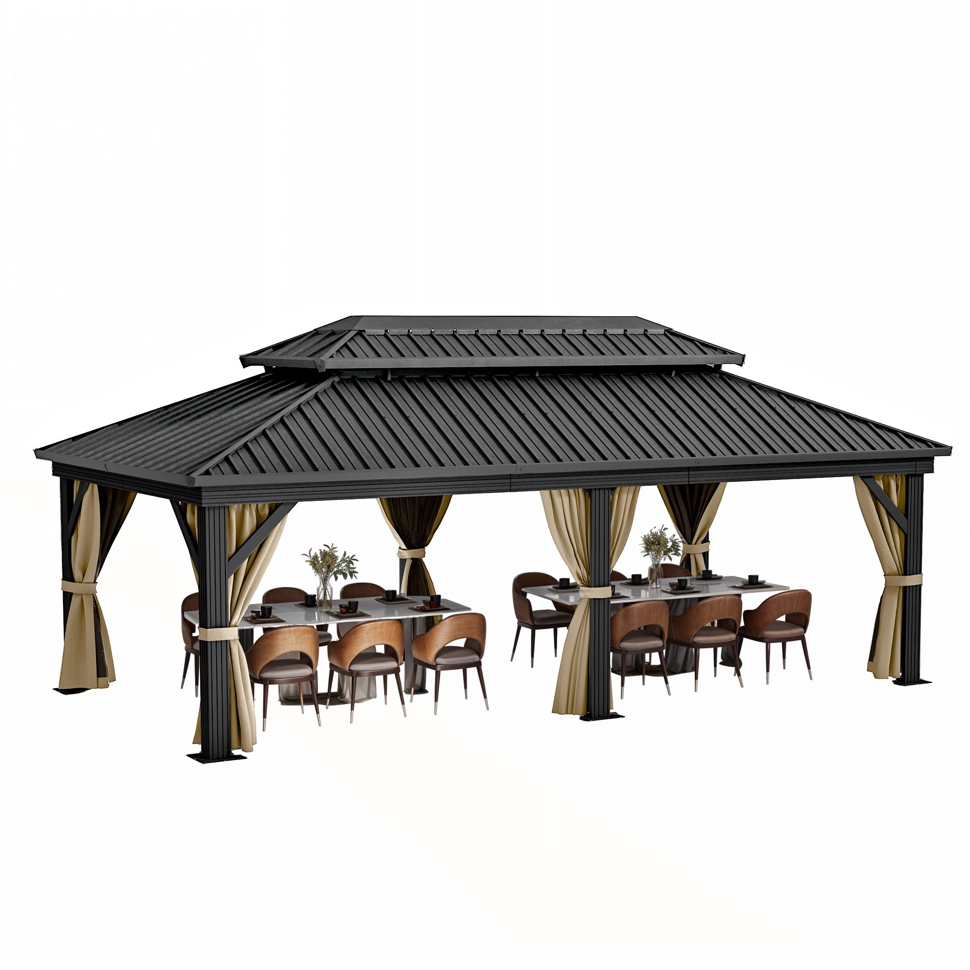 ModFusion 12 ×18 FT Gazebo Double Roof Hardtop Canopy Heavy-Duty Outdoor Pavilion with Nettings & Curtains in Brown