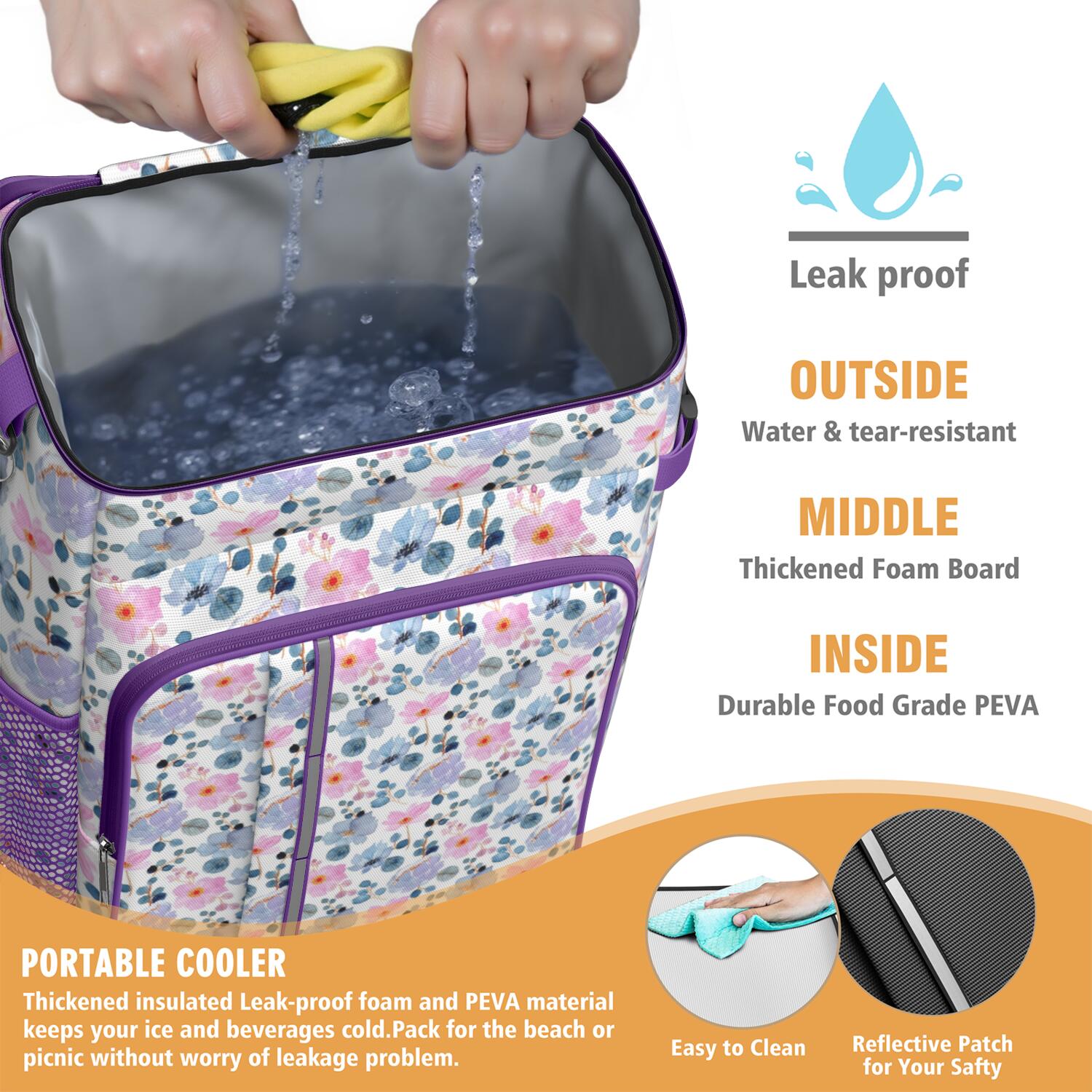 Travel Cooler Bag - Pioneer Flower Floral Print Pattern Camping Beer Cooler Backpack with Bottle Opener- Waterproof Insulated Picnic Backpacks - Cooler Bag for Beach