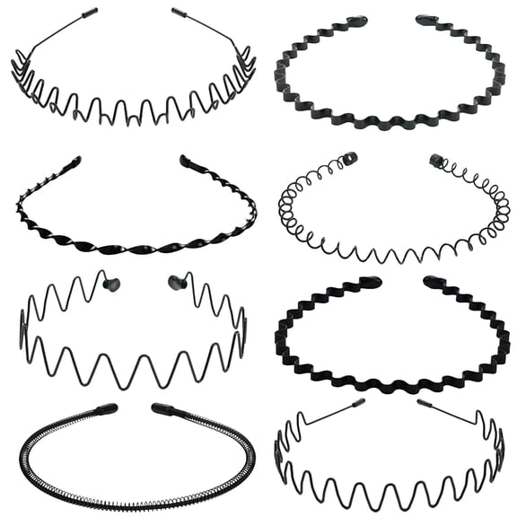 TUWAFE 8 Pcs Metal Headbands for Men Women Hair Bands Zig Zag Headbands Black Headbands