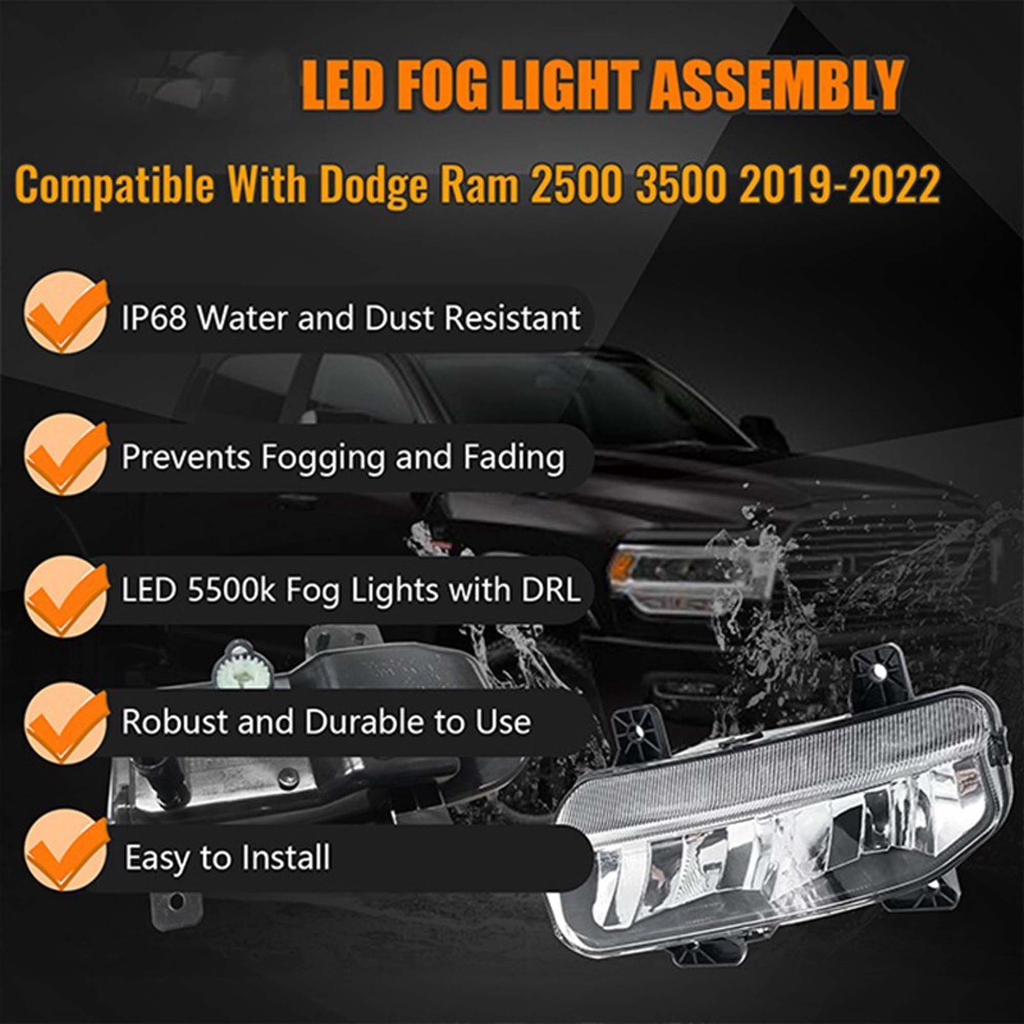 MZORANGE LED Fog Light Lamps Assembly with Bracket Wires Kit For 2020 Ram 2500 Fog Light Kit, Dodge Ram 2500 3500 2019-2024
