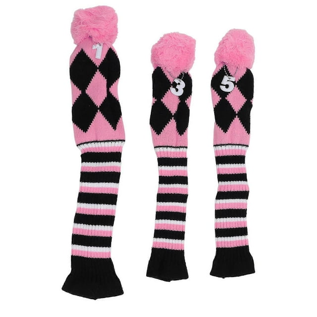 3PCS Knitted Golf Club Head Covers Fine Pattern Protective Golf Club Headcovers Set with Pom Pom for Travel Pink Black