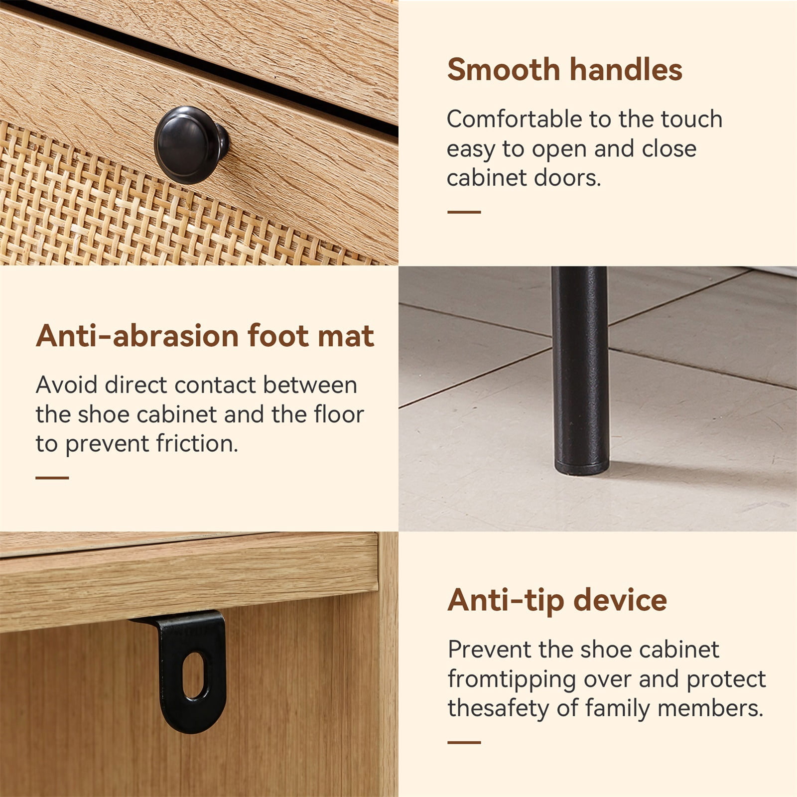 Hommoo 3 Drawers Wooden Shoe Storage Cabinet with Rattan Doors, Freestanding Shoe Storage Organizer for Entryway, Natural