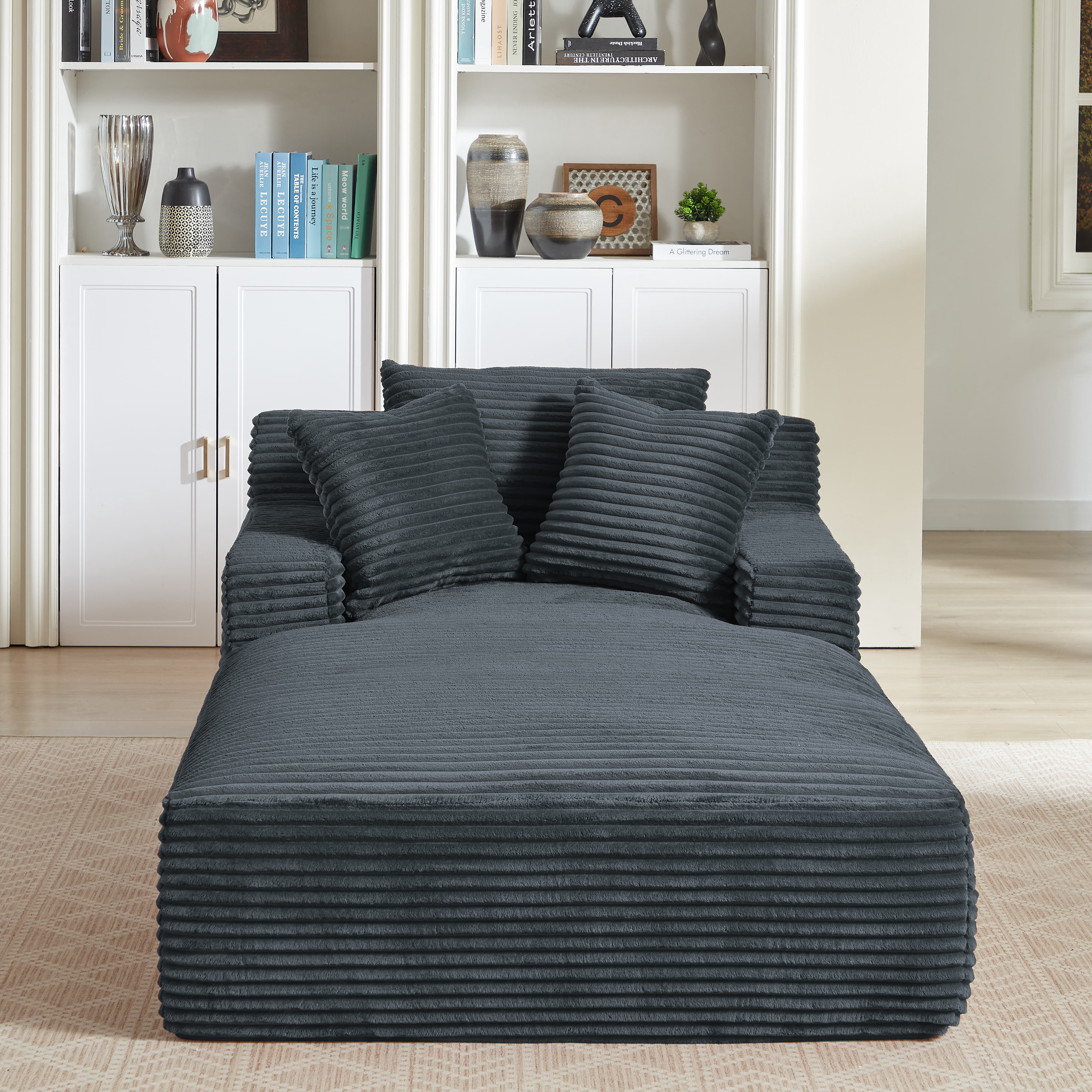 MAYEERTY Oversized Corduroy Chaise Lounge Sofa, Modern Couch with Spring Cushion for Apartment, 49*79*28"Dark Grey