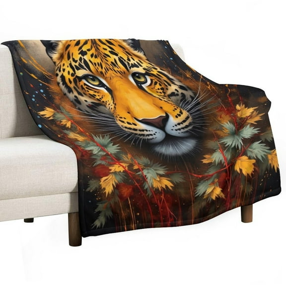 Tiger Face with Autumn Leaves Blanket Soft Throw Warm Lightweight Plush Blanket for Couch Bed Sofa