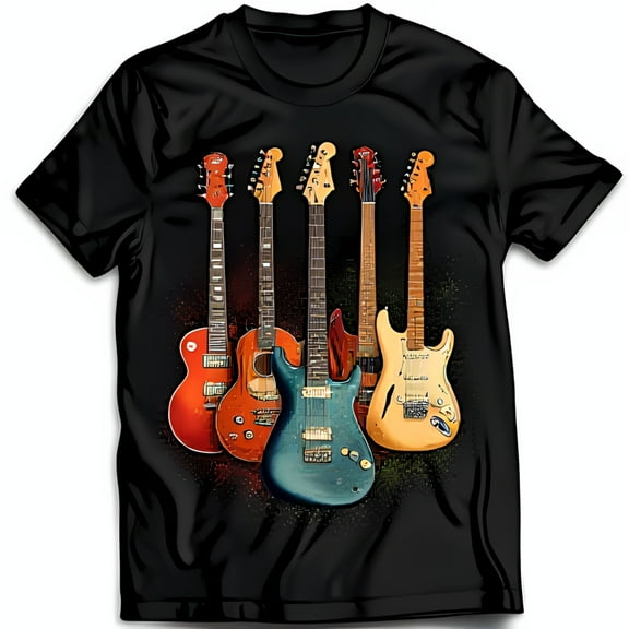 Colorful Guitars Design Black T-Shirt for Music Lovers Unique Graphic Tee