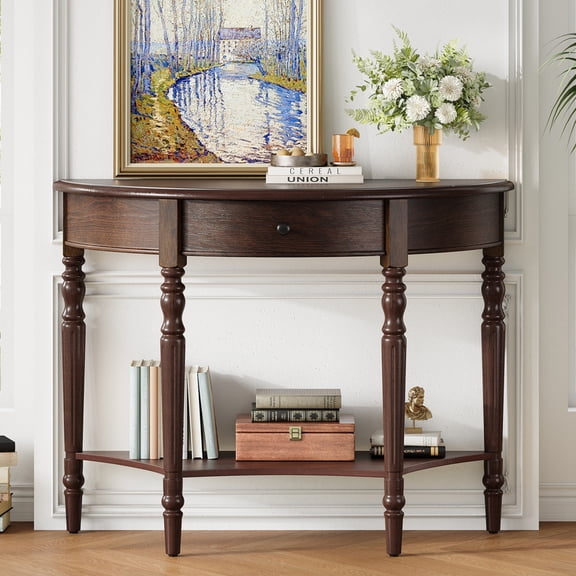 39" Half Moon Console Table, Narrow Retro Entryway Table with Drawer and Bottom Shelf, Media Sofa Table Accent Table with Storage for Living Room, Espresso