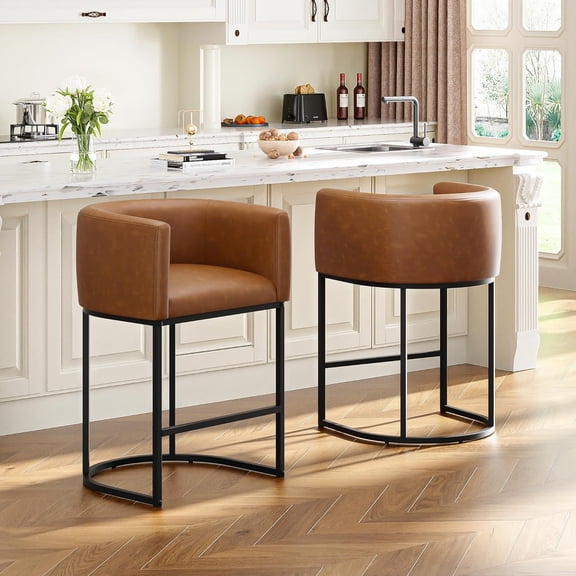 26" H Counter Height Bar Stools Set of 2, Modern Barrel Stools with Backrest & Arms, Faux Leather Upholstered Accent Barstools for Kitchen Island, Support 450 LBS (Walnut Brown)