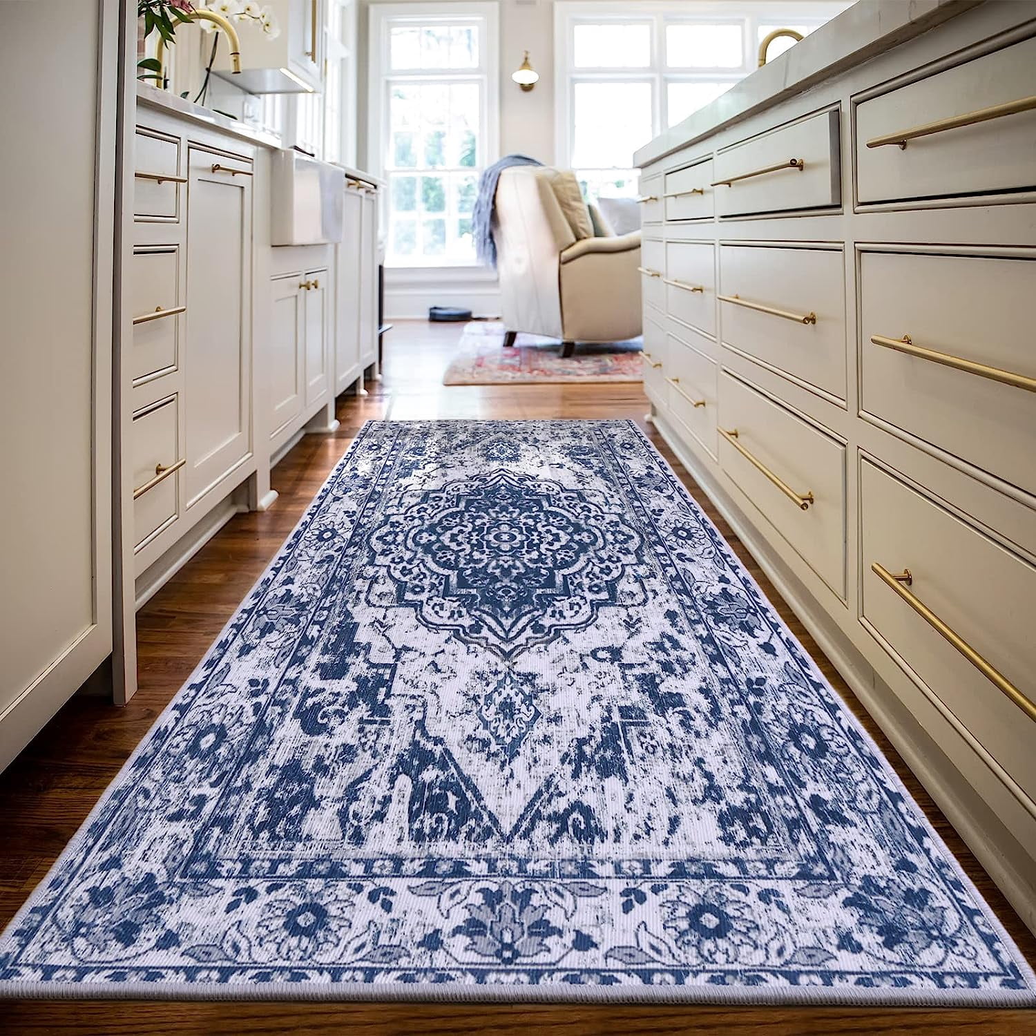 TWINNIS 2'x6 'Runner Rugs Anti Slip Backing Area Rugs for Living Room,Washable Rugs Boho Vintage Tribal Runner Rugs,Blue,2'x6'