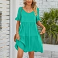 thumbnail image 4 of yillto Womens Dress Ruffle Short Sleeve Tiered Flowy Pleated Loose Mini Dress Casual Short Tshirt Dresses, 4 of 5