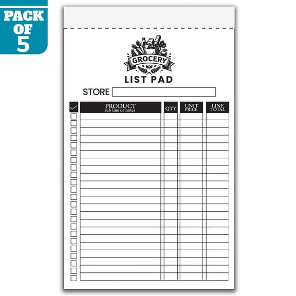 Grocery List Pad 5.5 x 8.5 Inch, Pack of 5 Shopping List Notepads, 50 Sheets Per Pad, Grocery Planner with Product, Quantity, Price and Total for Home, Kitchen, Made in USA