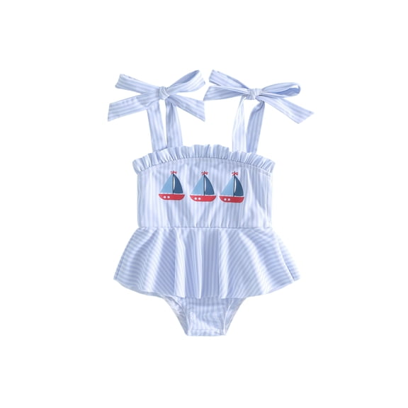 BemeyourBBs Toddler Baby Girl Sailboat Swimsuit Infant Bathing Suit Summer One Piece Swimwear Cute Sailboat Print Strap Tie Up Sleeveless Beachwear