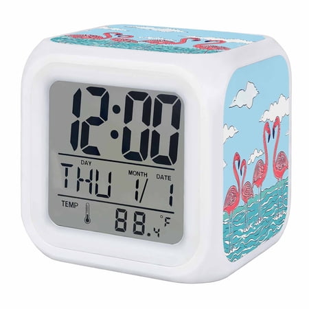 Alarm Clocks Pink Flamingo Digital Clock 7 Color LED Night Light Silent Non-Ticking Battery Operated Hello Sunshine Cloud Sky Cube Clocks Decorative for Bedroom Bedside Living Room Office School