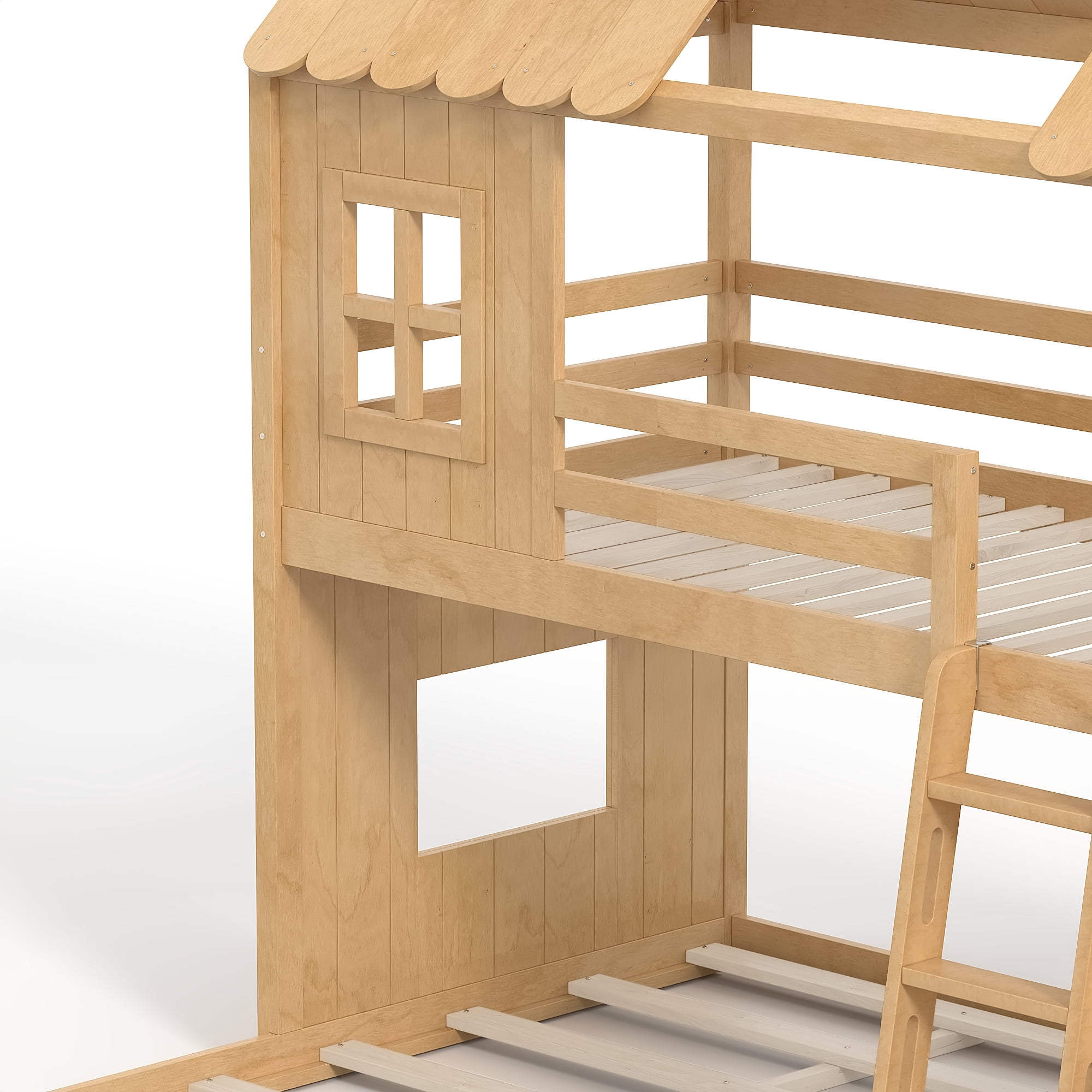 Twin over Full House Bunk Bed with Slide & Ladder, Wood Playhouse Bunk Bed with Storage Shelves & Wardrobe, Floor Bunk Bed for All Ages, Natural