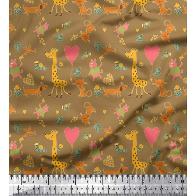 Soimoi Polyester Crepe Fabric Balloon,Floral & Cute Animals Cartoon Printed Fabric 1 Yard 42 Inch Wide