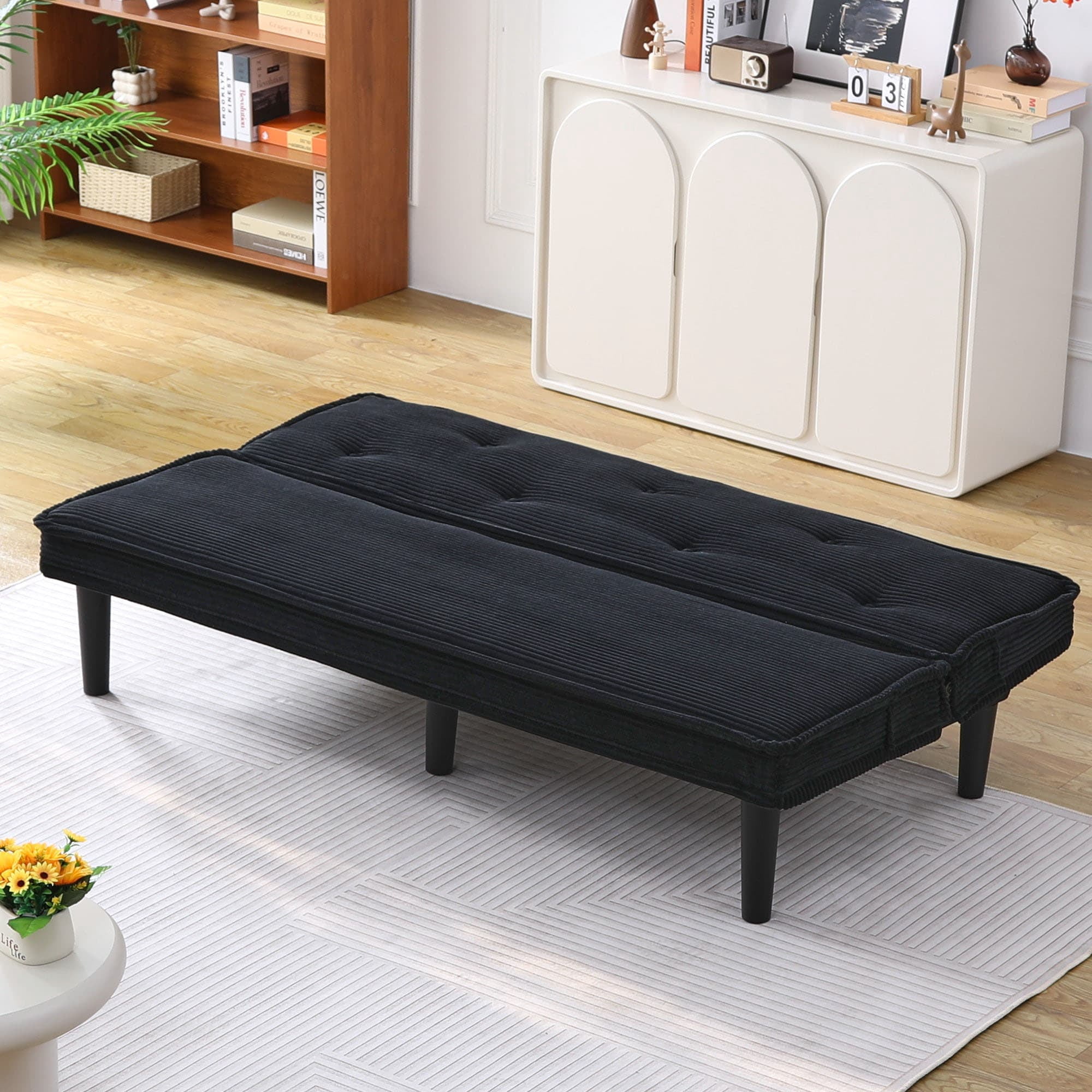 MAYEERTY 66" Corduroy Sofa Bed Modern Sleeper Couches Sofas Loveseats for Living Room, Apartment and Bedroom, Black