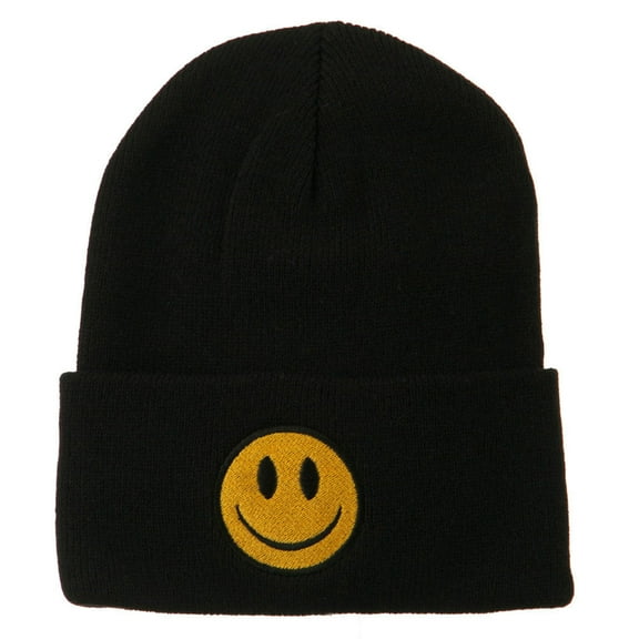 Smile Face Embroidered Long Beanie - Black OSFM