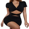 thumbnail image 2 of Bodycon Manches Courtes Femmes V Cou Plissé Évidé Slim Fit Mini Robe Courte, 2 of 7