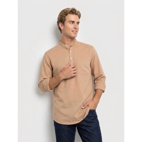 nick&jess Men's Slim Fit Henley 100% Cotton Linen Shirt, Long Sleeve, Pocket