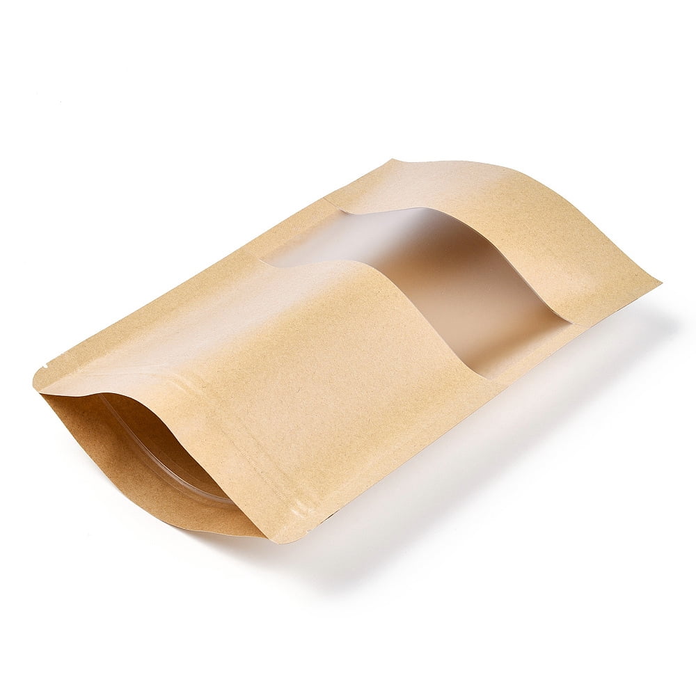 100 pc Resealable Kraft Paper Bags Resealable Bags Small Kraft Paper Stand up Pouch with Window Moccasin 26.2x18.2cm