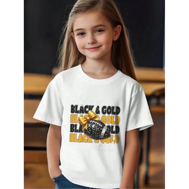 Girls' Let's Go Black & Golden Football Bow Graphic Tee - Touchdown Party Shirt With Bold Lettering - Heavyweight 180gsm Knit Fabric - Game Day outfit For Young Football Fans