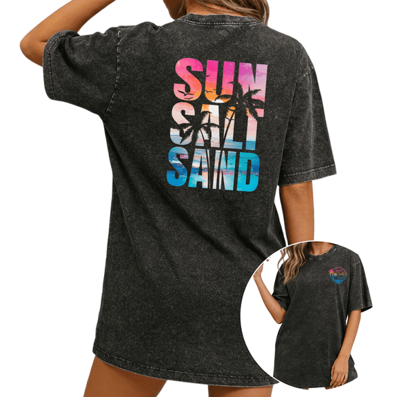 Sun Salt Sand Gradient Palm Tree Beach Wash Print Tshirt S-2XL Washed Black Graphic Tees Casual Shirts for Beach Lover Tops