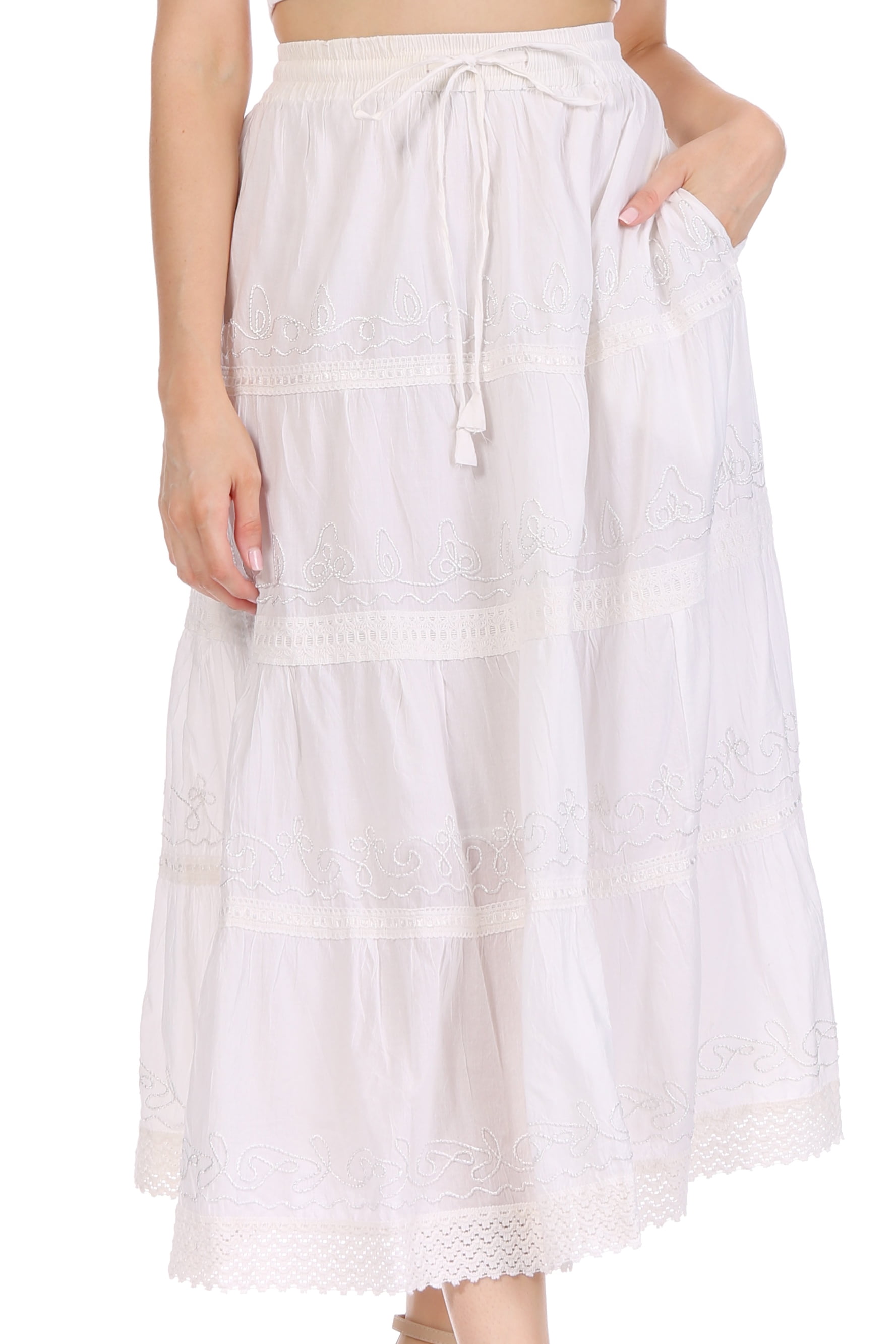 Sakkas Solid Embroidered Crochet Lace Trim Gypsy Bohemian Mid Length Cotton  Skirt - White - One Size - Walmart.com