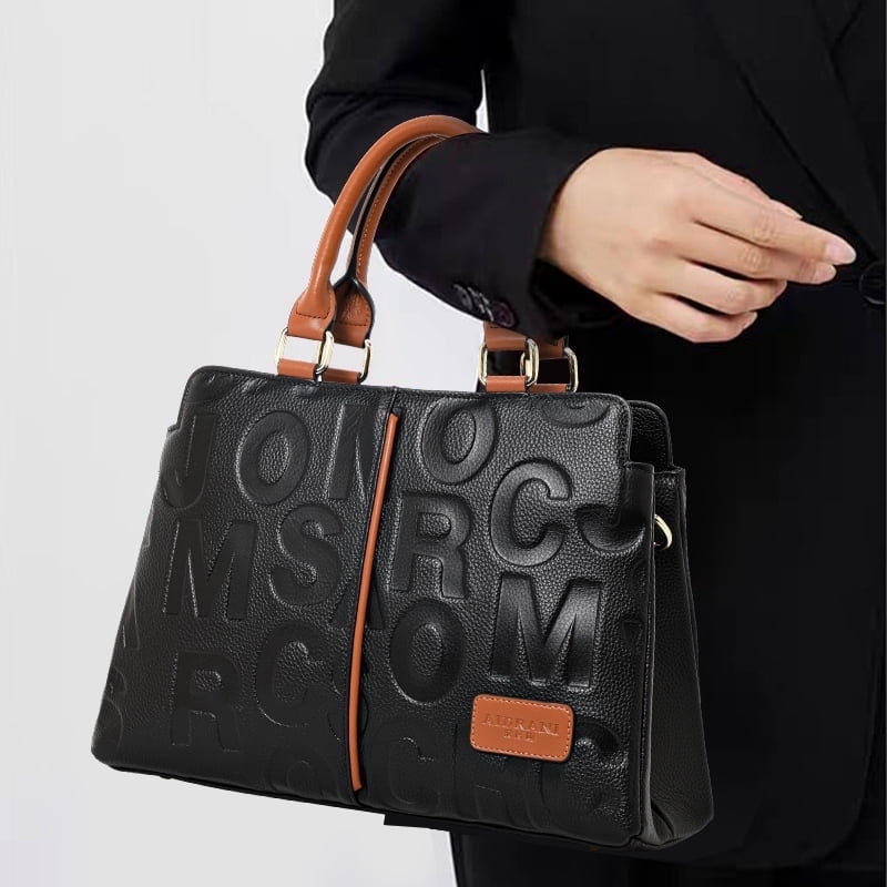 High-quality genuine leather alphabet stripe contrast handbag/tote for women, large capacity storage bag/purse