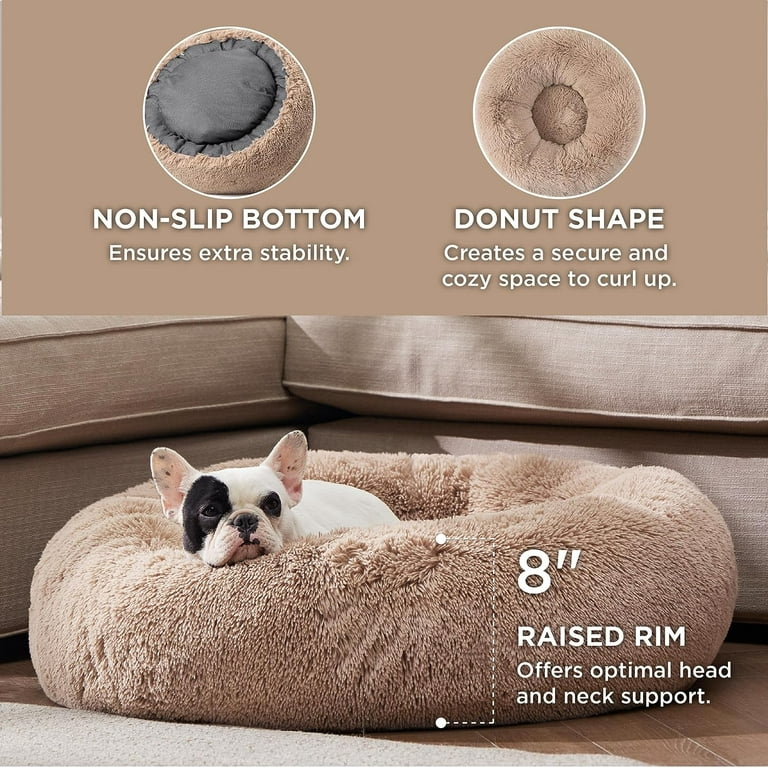 suddus Dog Beds for Medium Dogs, Donut Dog Bed with Blanket Attached, Anti Anxiety Dog Bed for Dogs, Cats, Pets, Faux Fur, Washable, Light Grey, 26