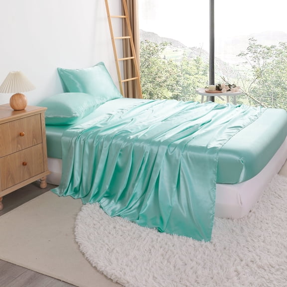 Ntbay 4 Pieces Silky Satin California King Cooling Soft Bed Sheet Set, Includes 1 Flat Top Sheet, 1 Fitted Sheet with Deep Pocket, 2 Envelope Pillowcase, Light Blue
